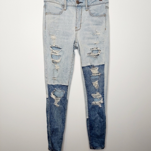 American Eagle Sz 4 Jeggings Hi Rise Patchwork Distressed Super Stretch Denim - Picture 2 of 13